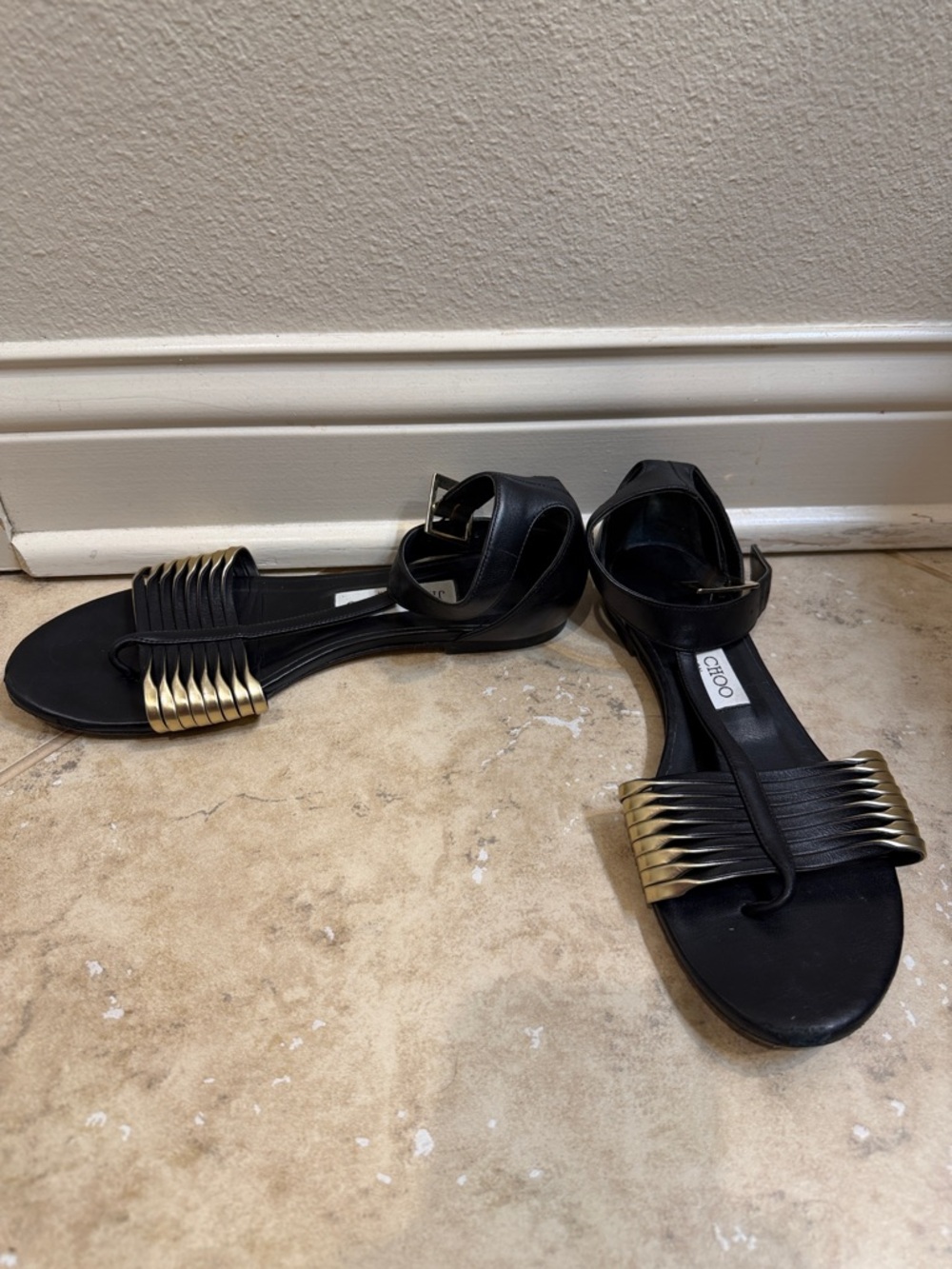 Jimmy Choo Black Leather Heel Sandals with Gold Block Accent